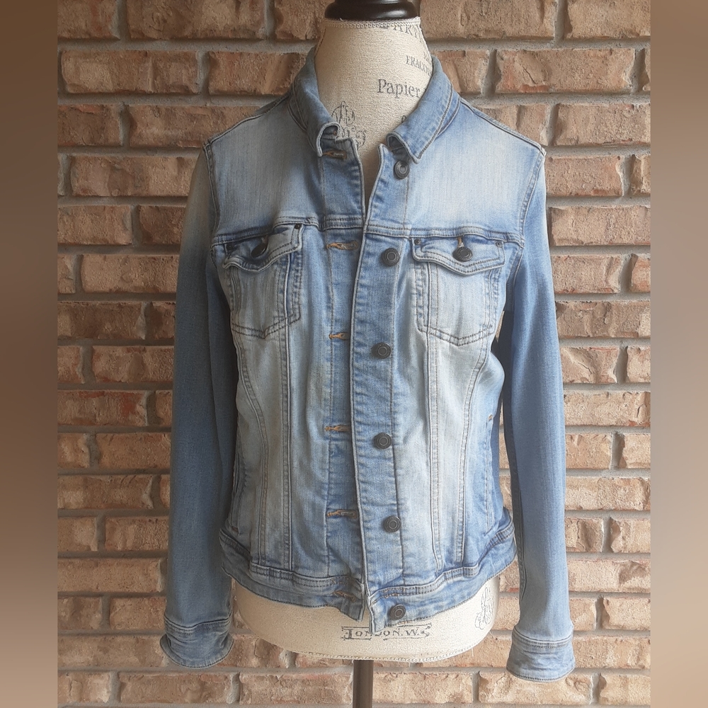 MNG Distressed Denim Cotton Blend Jacket Size Medium.